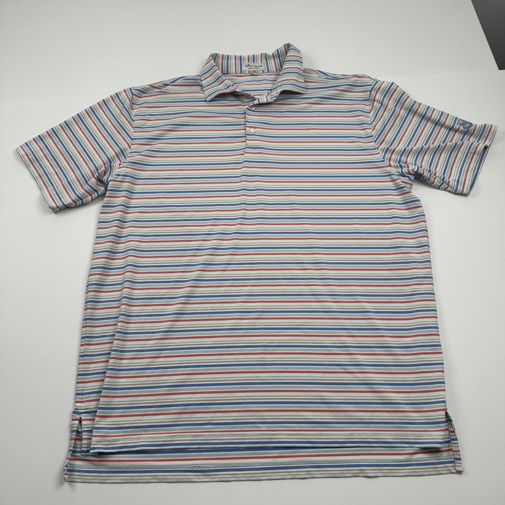 Peter Millar Polo Shirt Mens XL Blue Red Stripe Summer Comfort Golf CW Crest